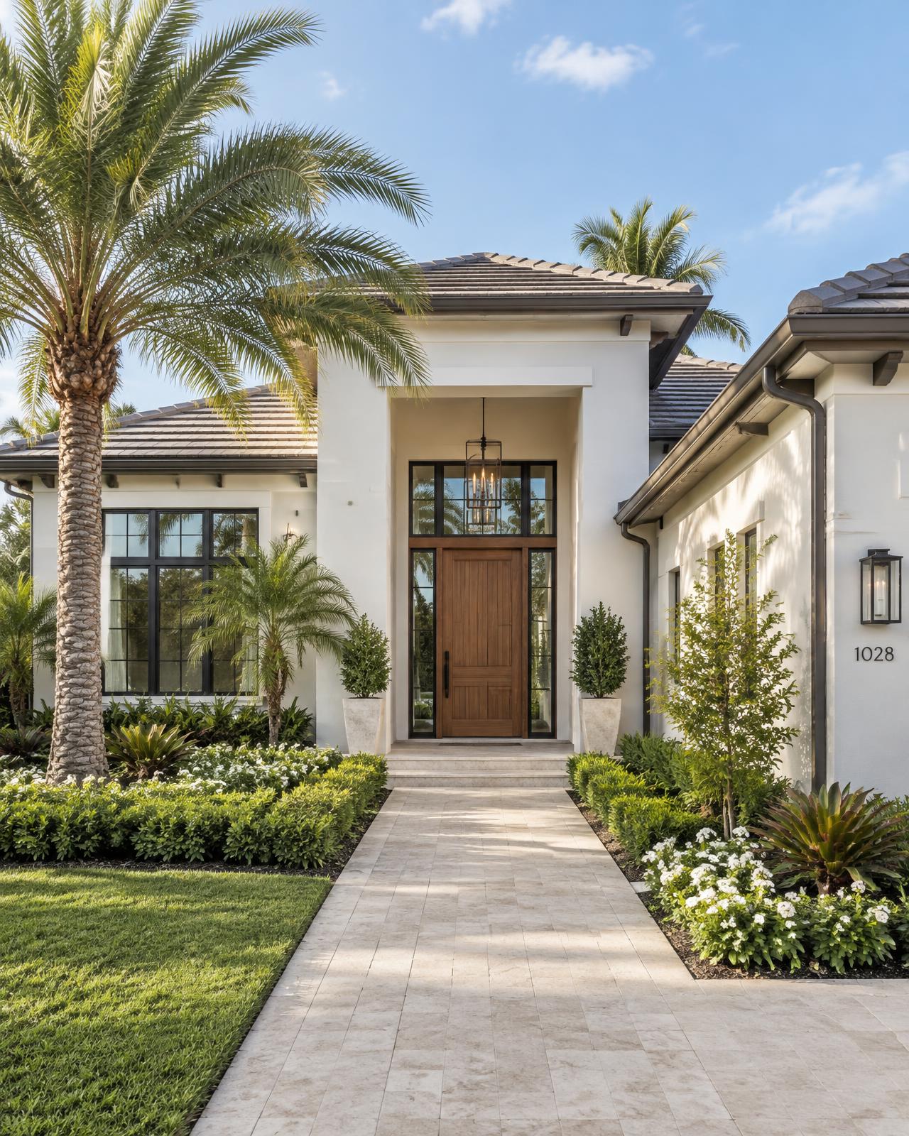 Light stucco Central Florida home with a wood front door, paver walkway and manicured landscaping