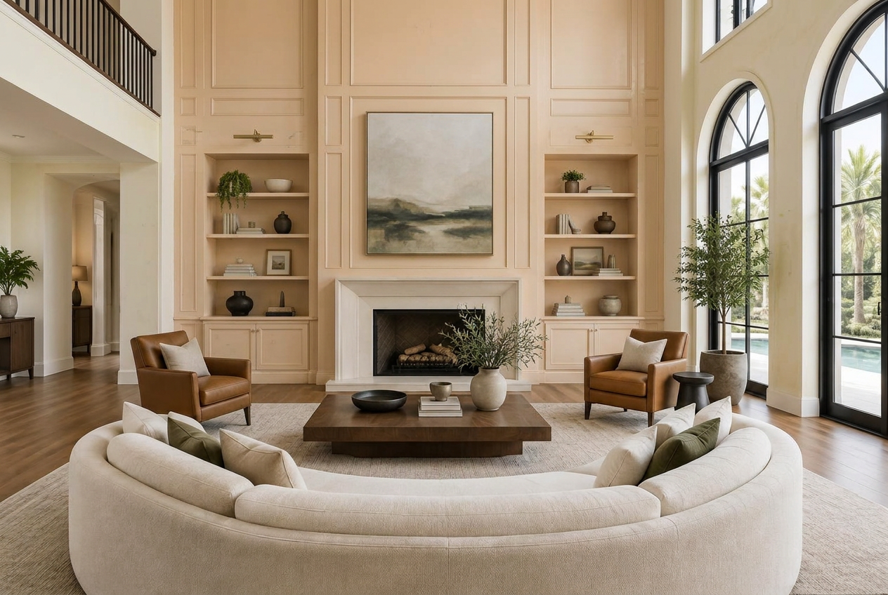 Before: Upscale living room with paneled built-ins transformed from pale peach to deep olive paint